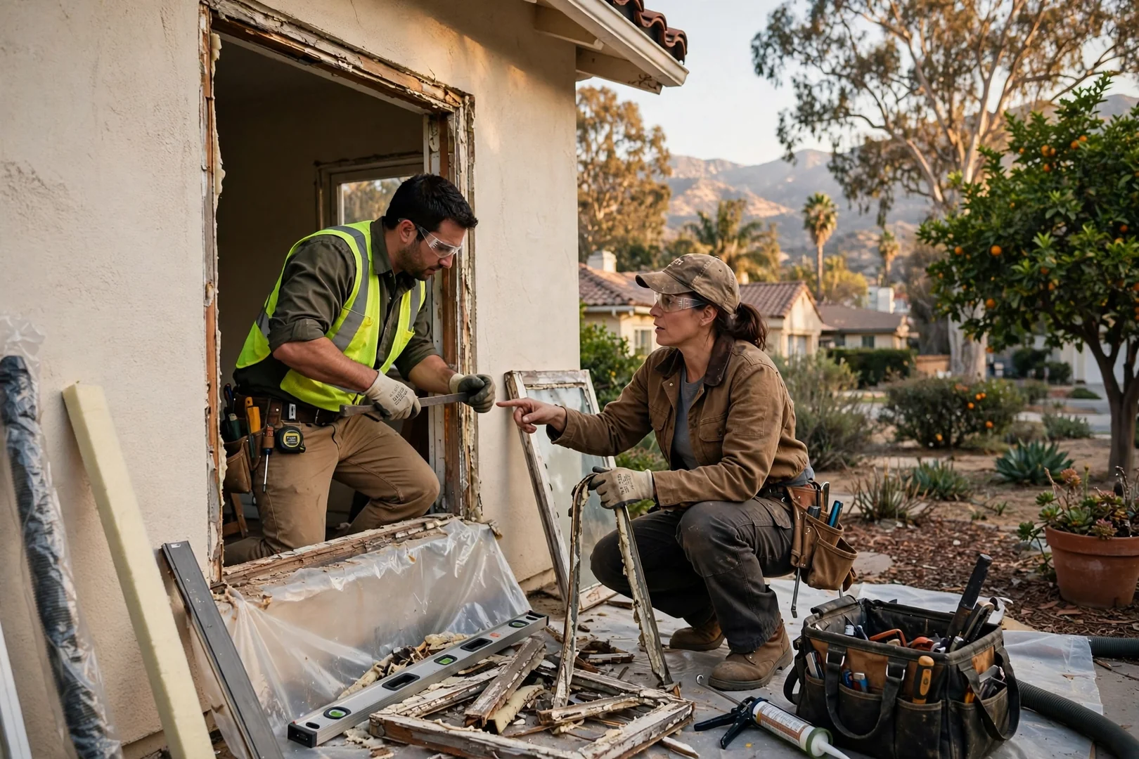 Installer measuring a three-unit bay window opening inside an Arcadia living room