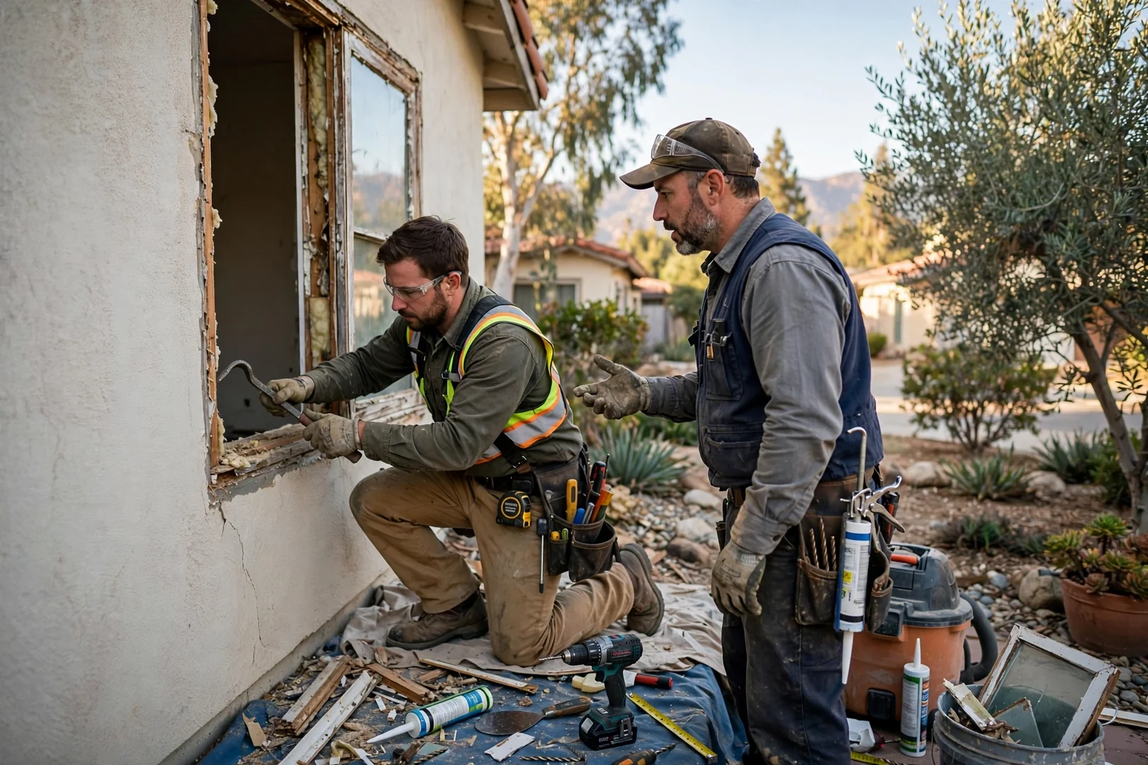 Technician reviewing bay window framing and flashing details with a homeowner outdoors