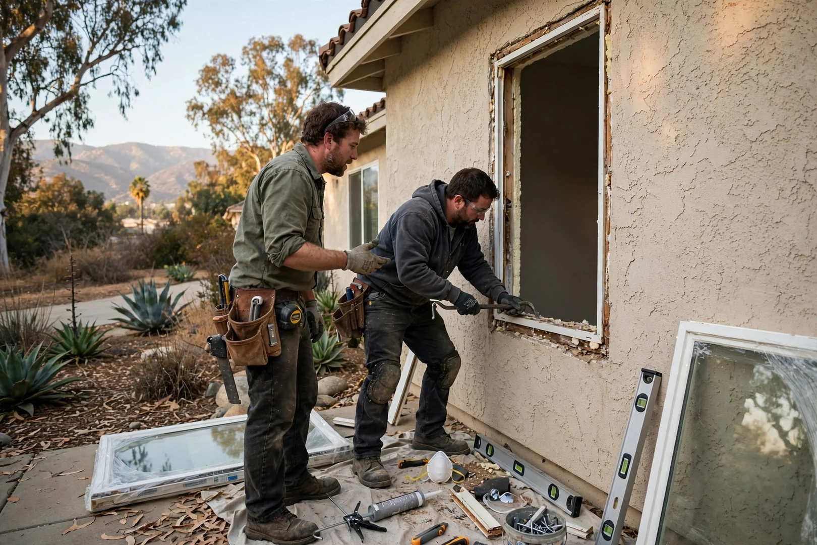 Curved bow window unit being measured on a single-story Arcadia home exterior wall