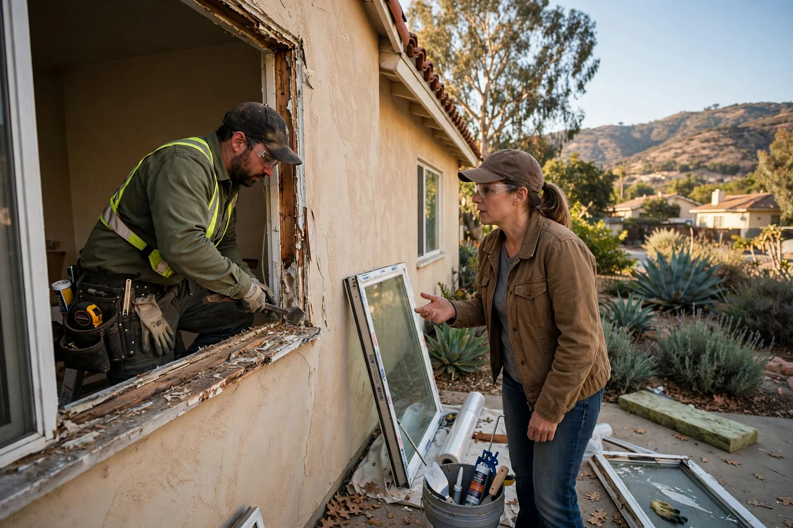 Homeowner reviewing casement window replacement options and written estimate at a kitchen table