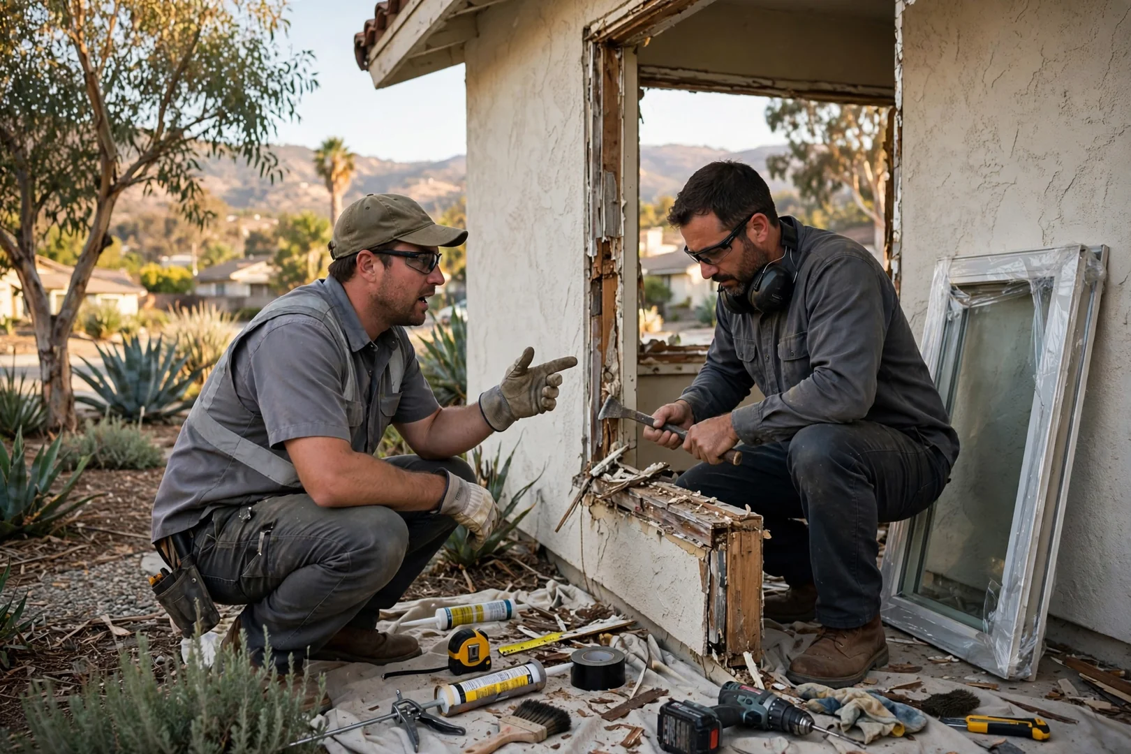 Installer setting a new crank-operated casement window into a stucco home opening