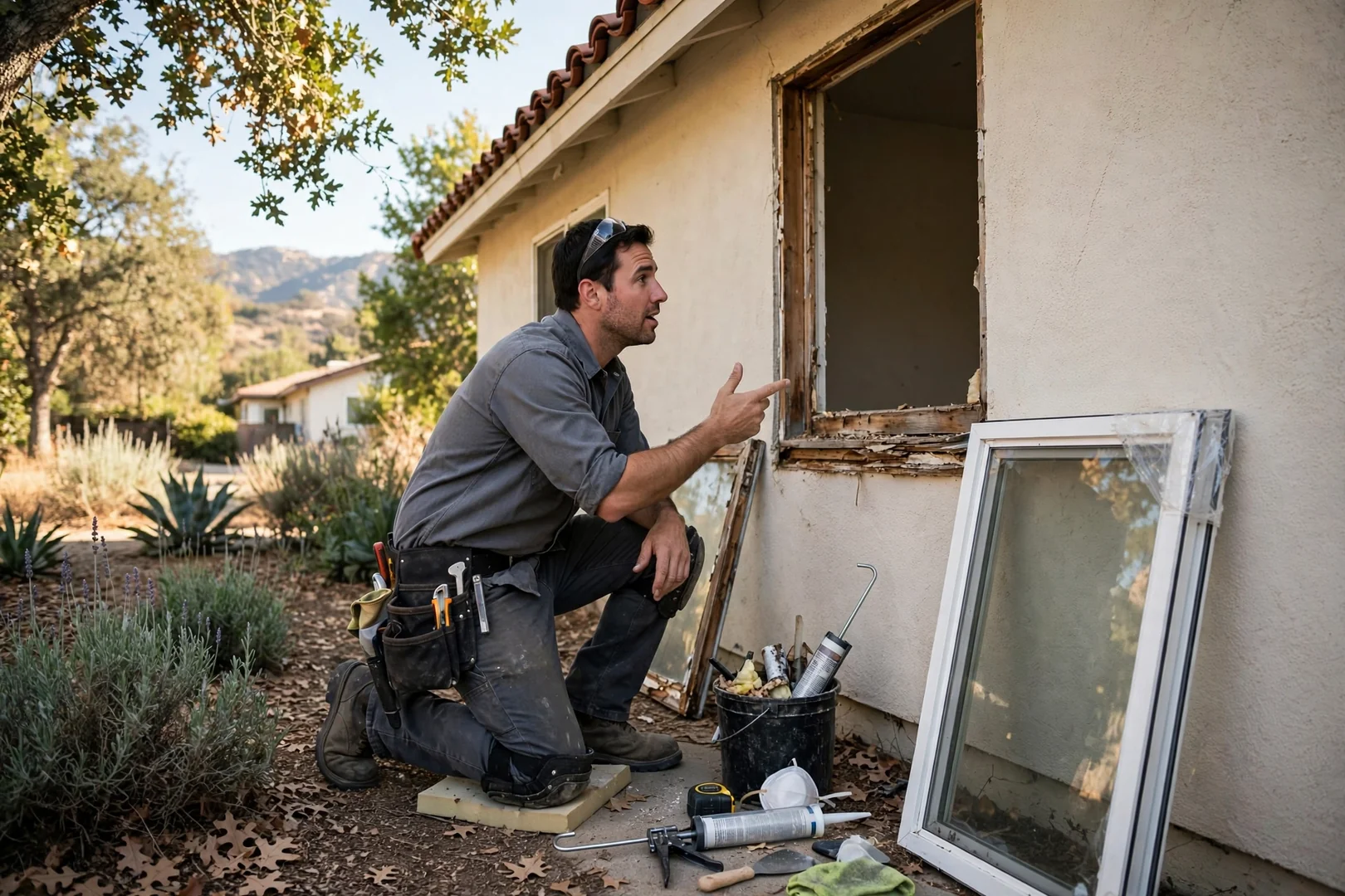Installer measuring a double hung window opening inside an older Arcadia home