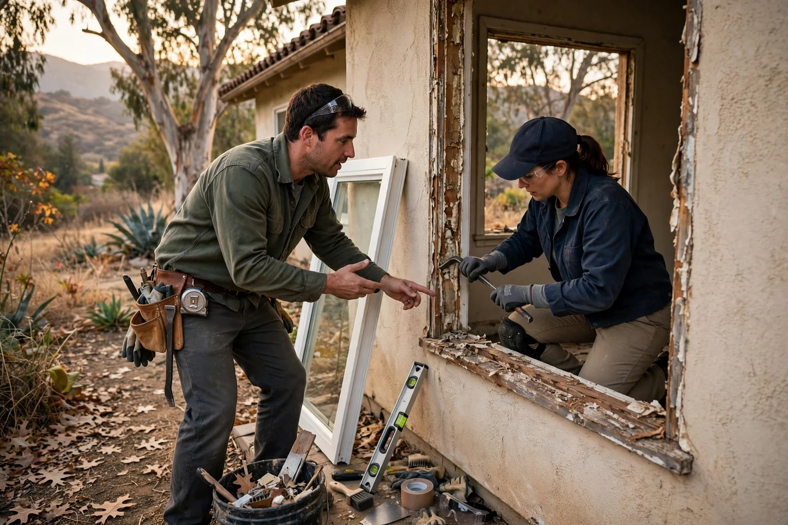 Installer fitting a new double hung window into an Arcadia home opening