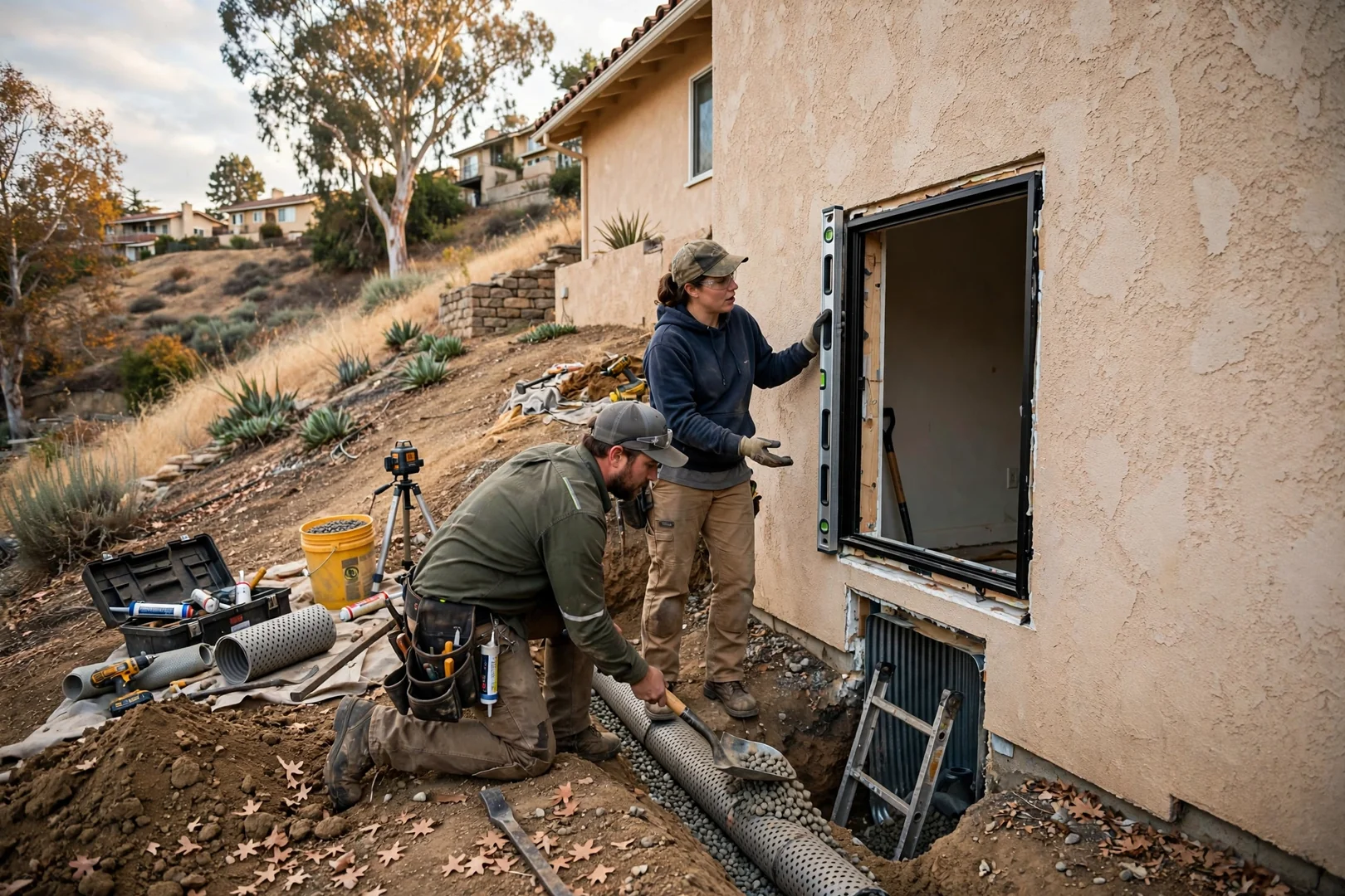Hillside Property Egress Install With Drainage Correction
