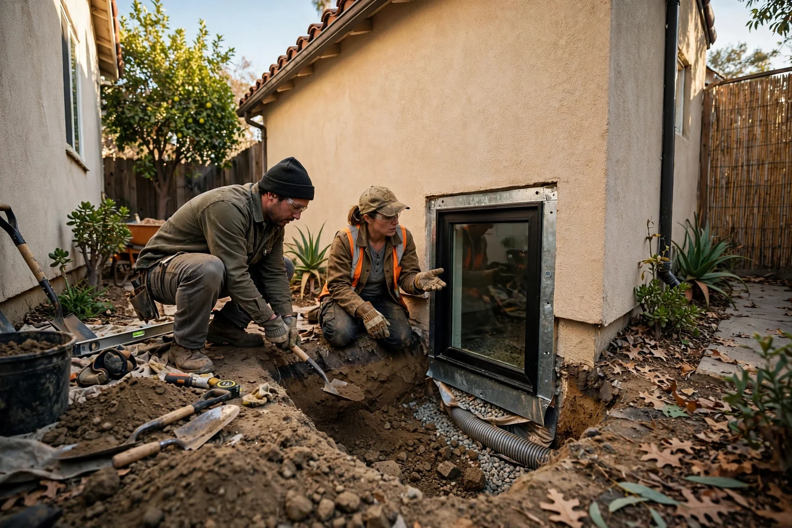Tight Side-Yard Egress Window With Hand Excavation
