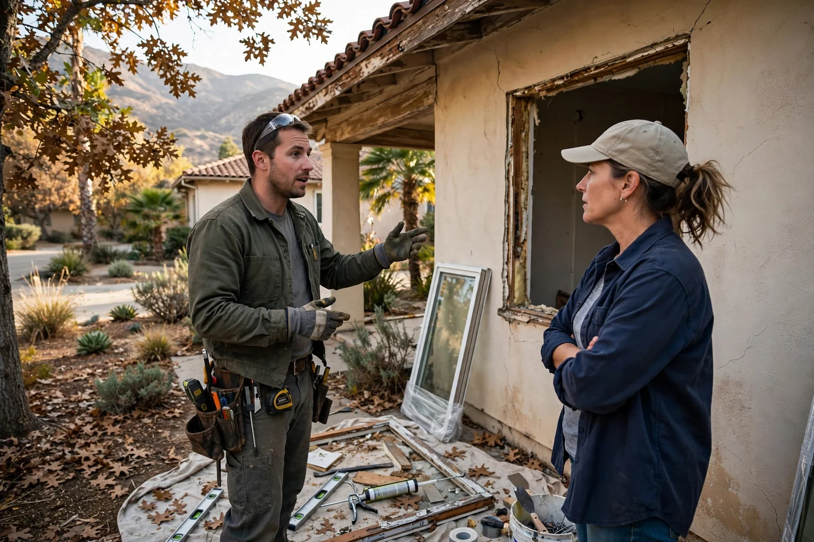 Homeowner and installer reviewing egress window well drainage during a post-job walkthrough