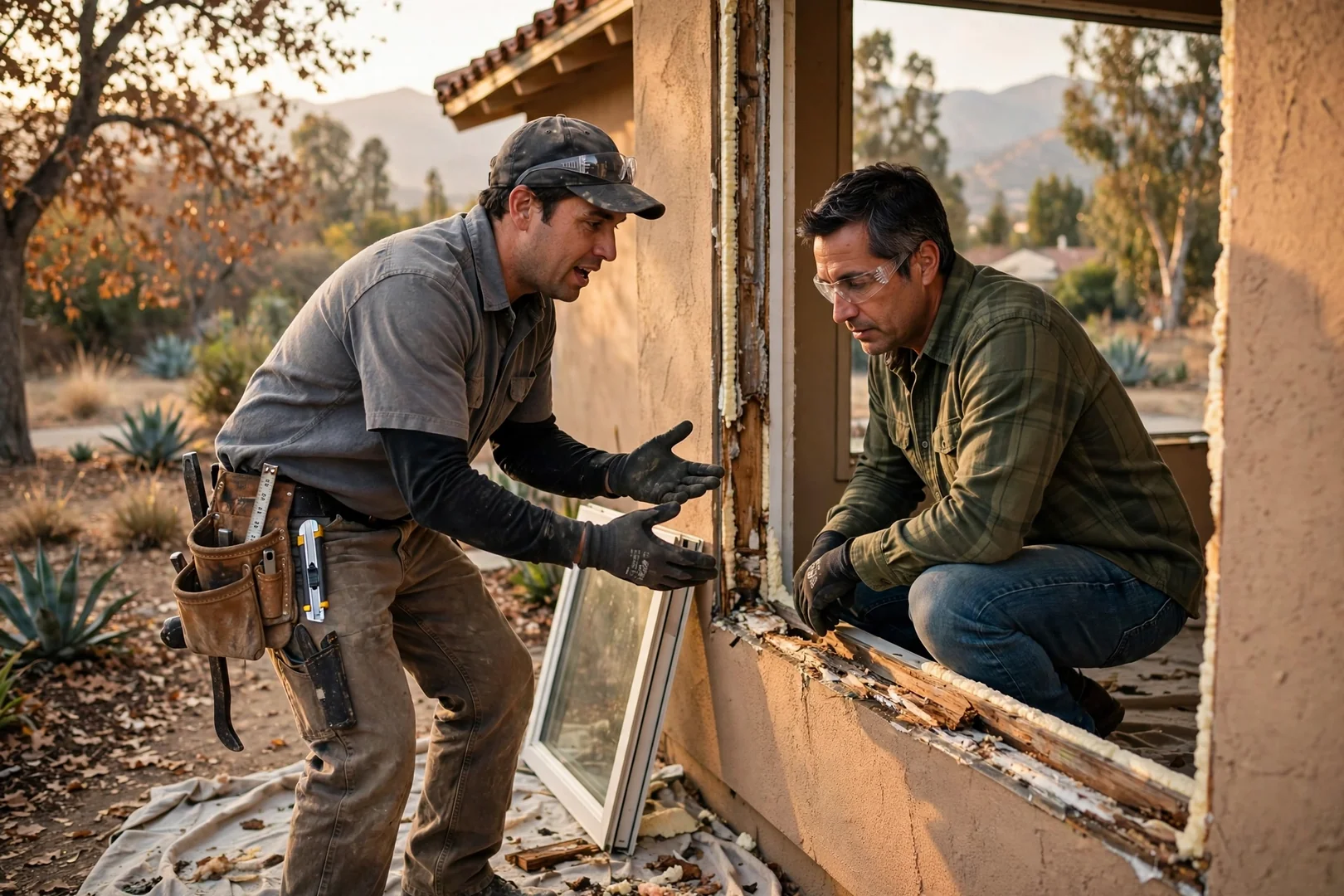 Installer sealing a new energy efficient window frame on an Arcadia home exterior