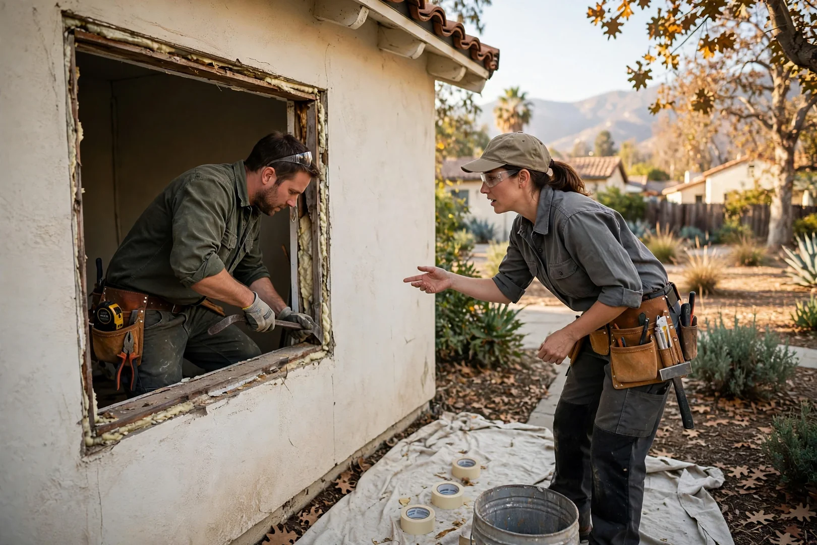Installer setting a low-E double-pane window into a prepped opening on an Arcadia home