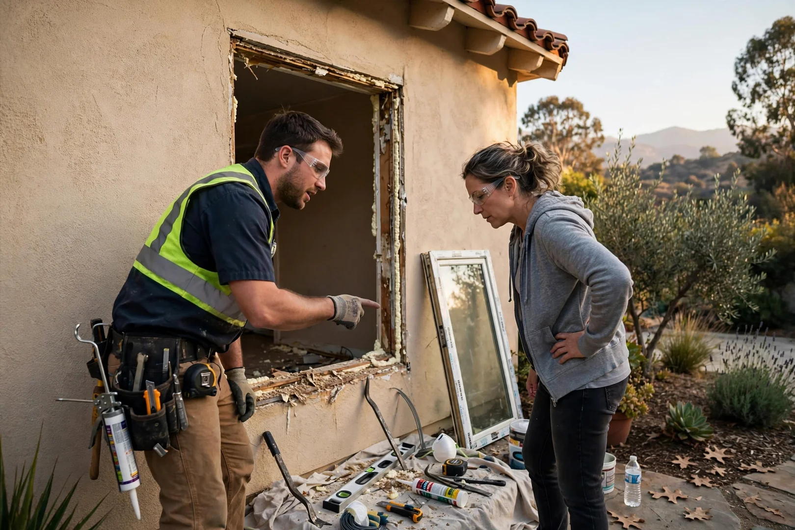 Installer measuring a large fixed picture window opening inside an Arcadia living room