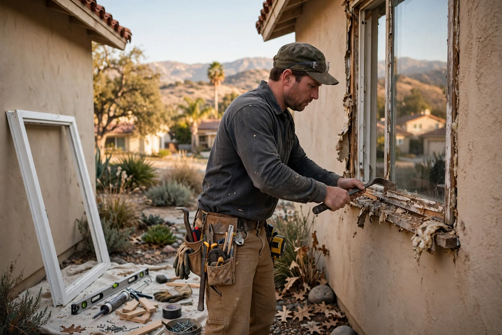 Installer setting a large fixed picture window into a living room wall opening
