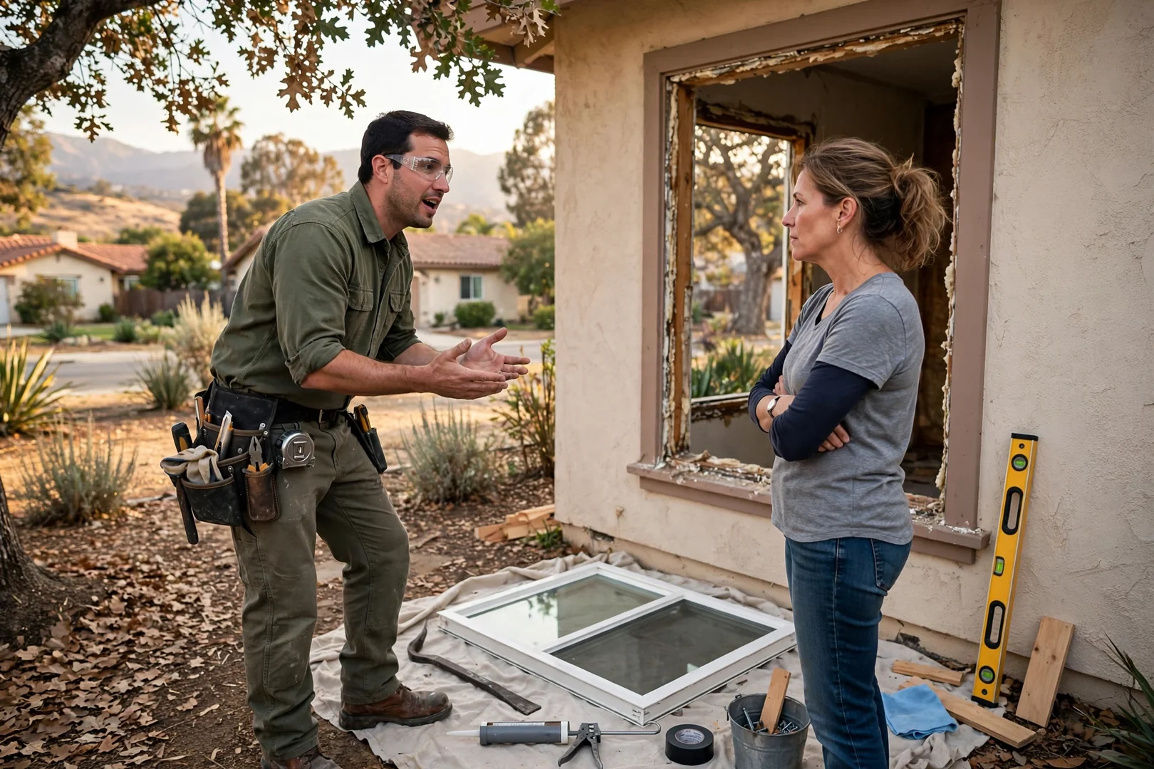 Technician reviewing a written window estimate with homeowners beside a new picture window