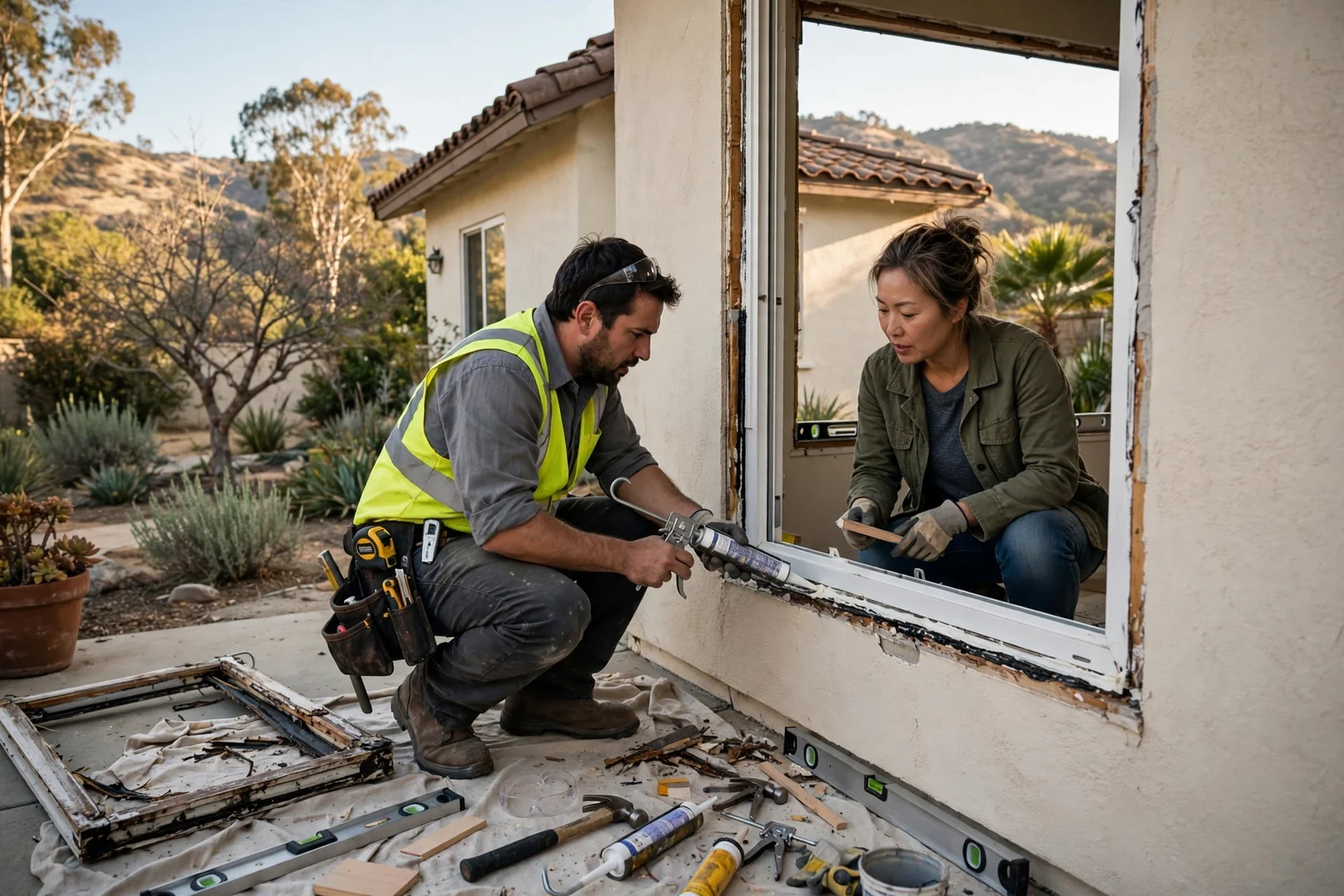 Installer aligning a new dual-pane sliding glass patio door in an Arcadia home