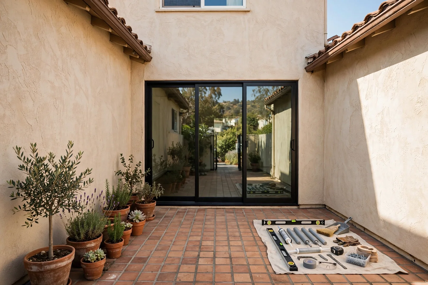 Two-Story Courtyard Door Replaced in a Tight Access Space