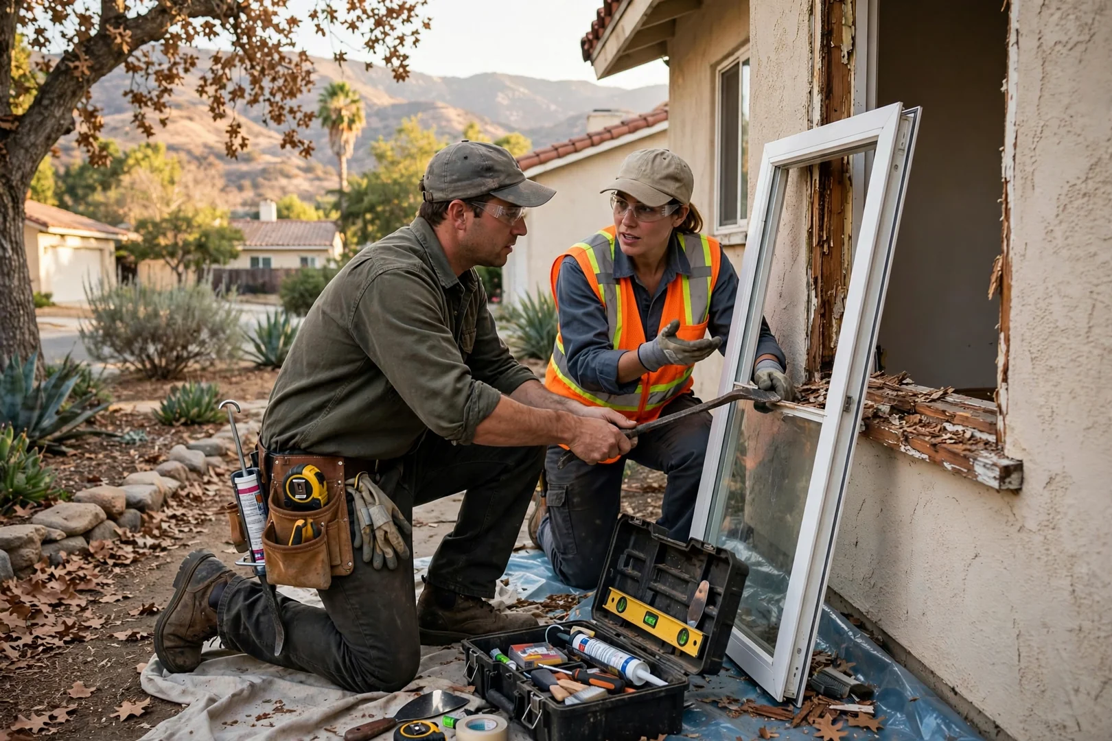 Technician reviewing new sliding patio door operation with a homeowner during final walkthrough