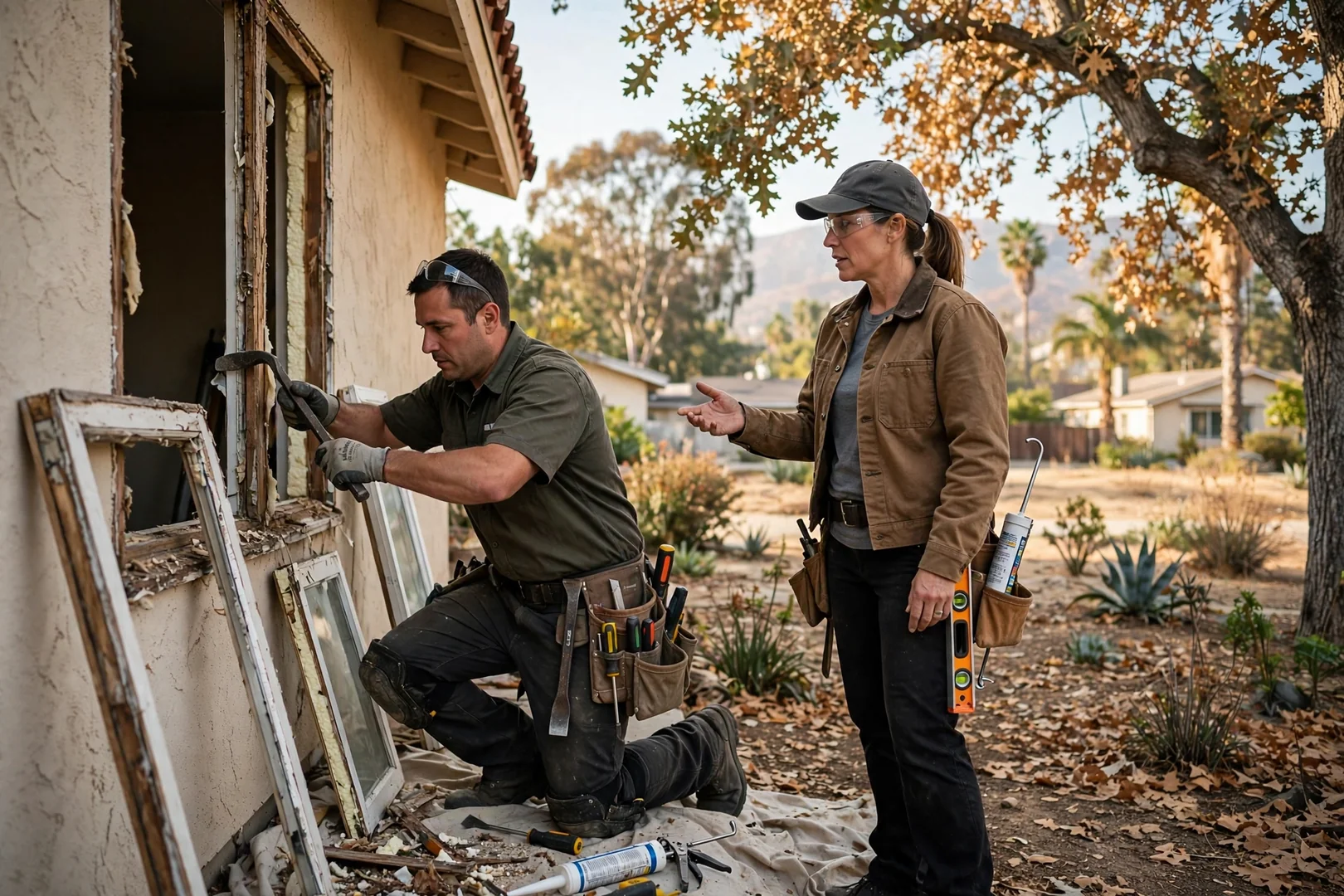 Homeowner and glazier reviewing a newly installed clear window pane in Arcadia