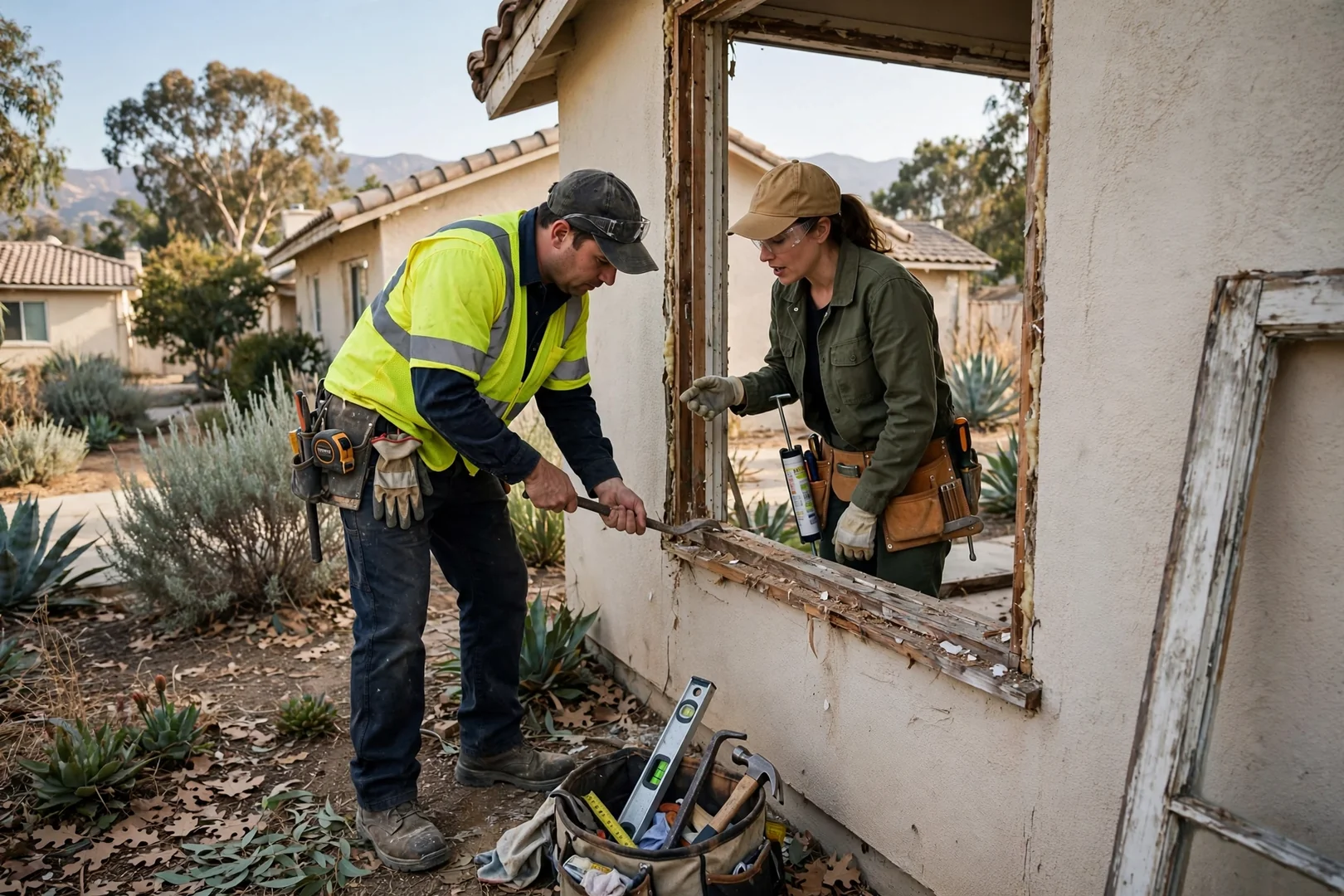 Technician measuring a damaged double hung window sash during a home repair visit in Arcadia