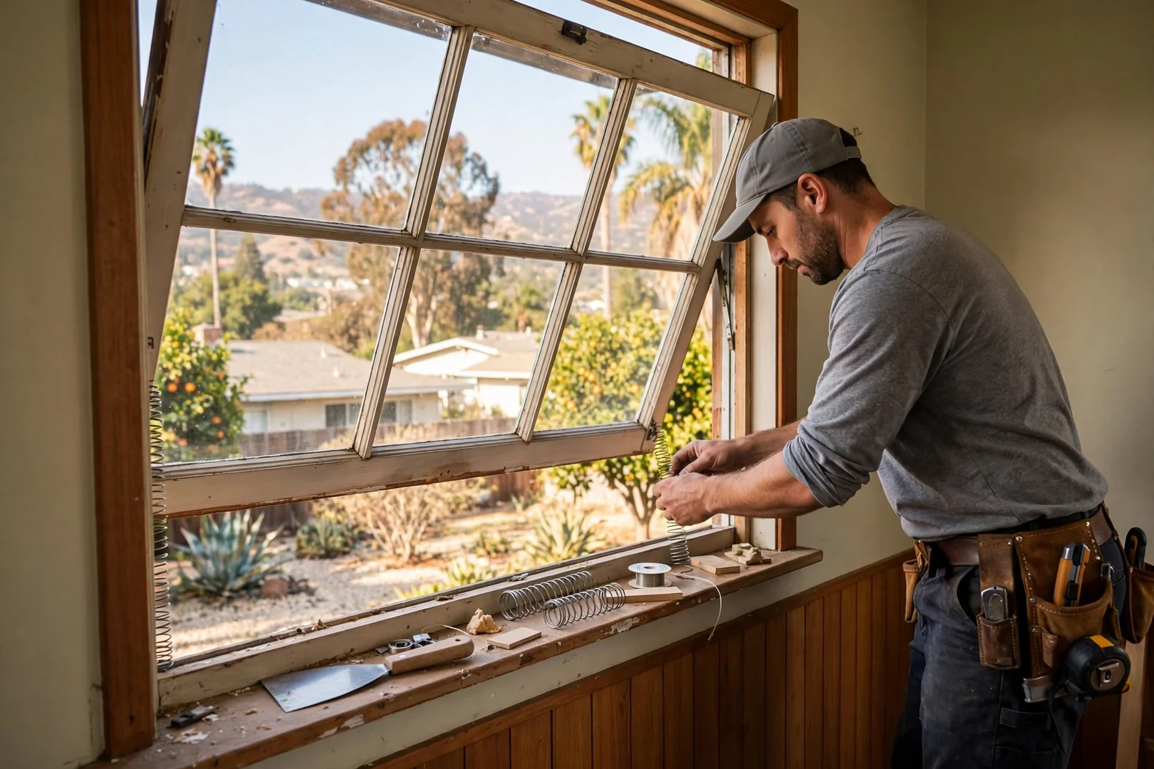 Painted-Shut Wood Sash Freed and Re-Balanced on a Mid-Century House