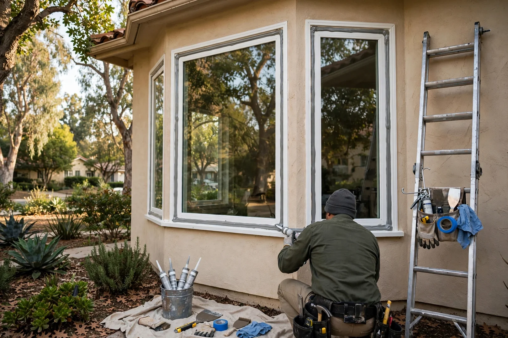 Bay Window Seal and Sealant Repair on an Older Two-Story Property