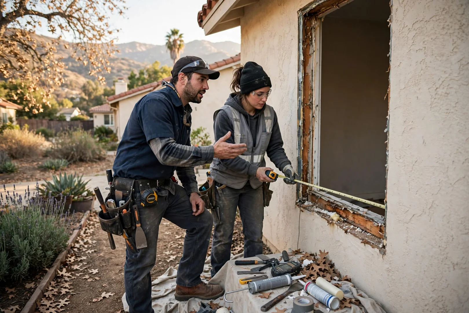 Installer setting a new vinyl window into an Arcadia home opening