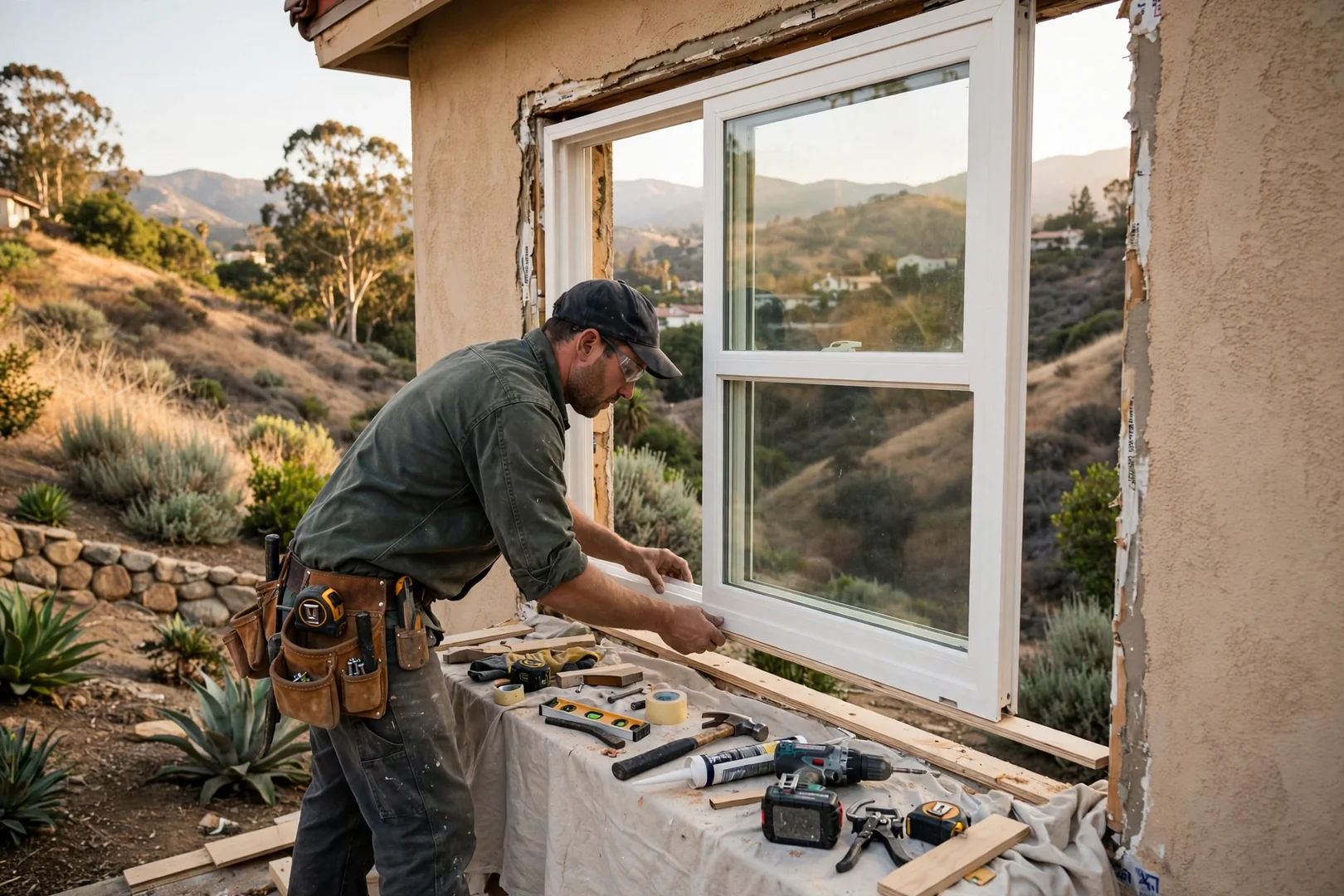 Installer setting a new double hung window into a prepared opening on a foothill home