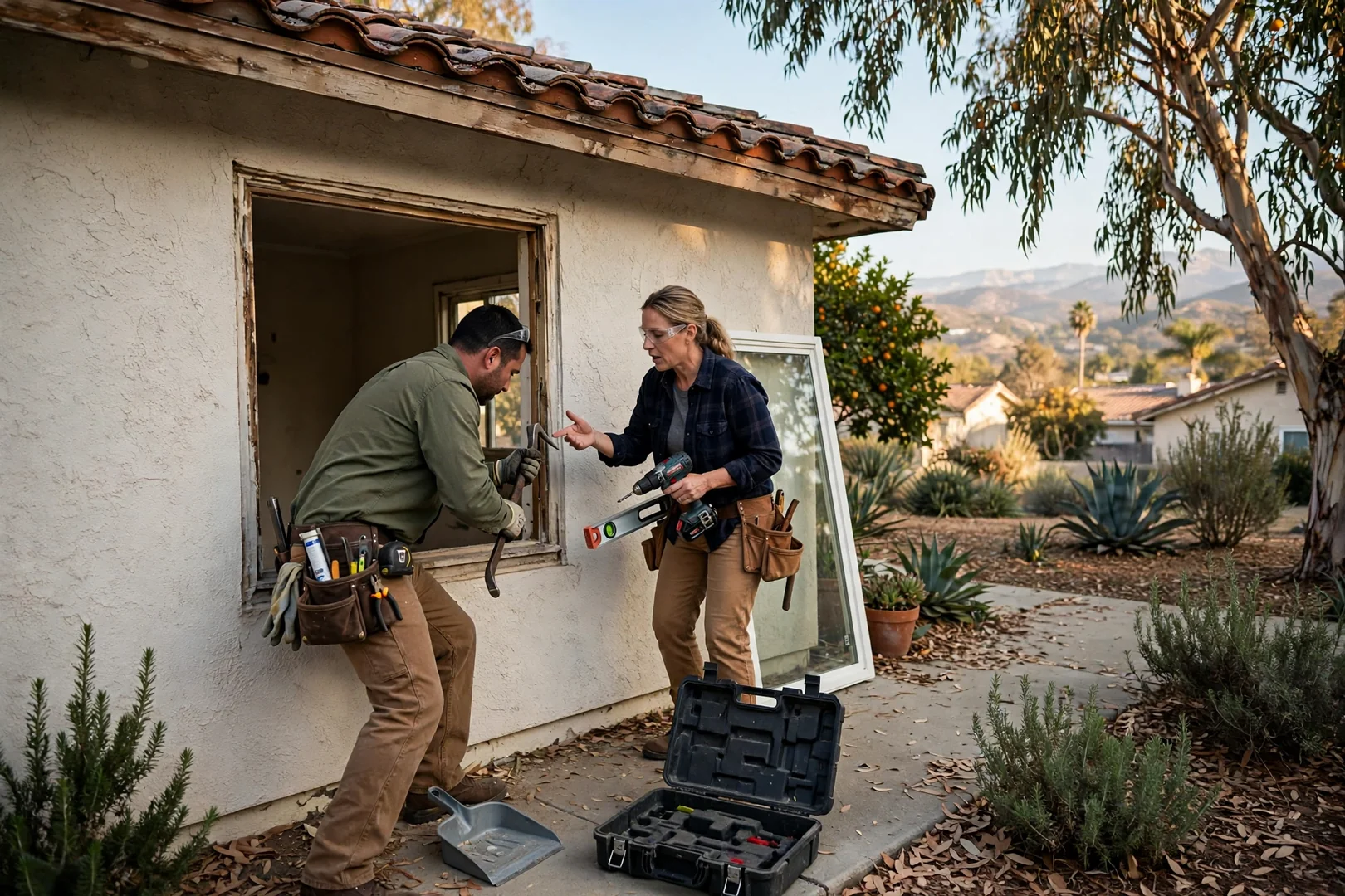 Homeowner reviewing a written window replacement estimate with an installer at a kitchen table