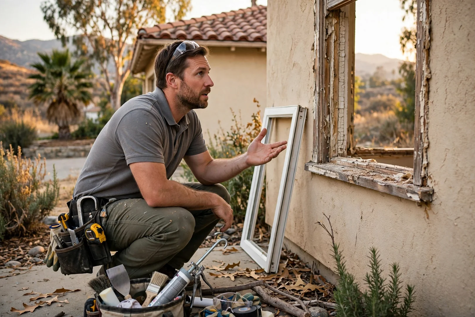 Homeowner reviewing written window replacement estimate with installer on an Arcadia front porch