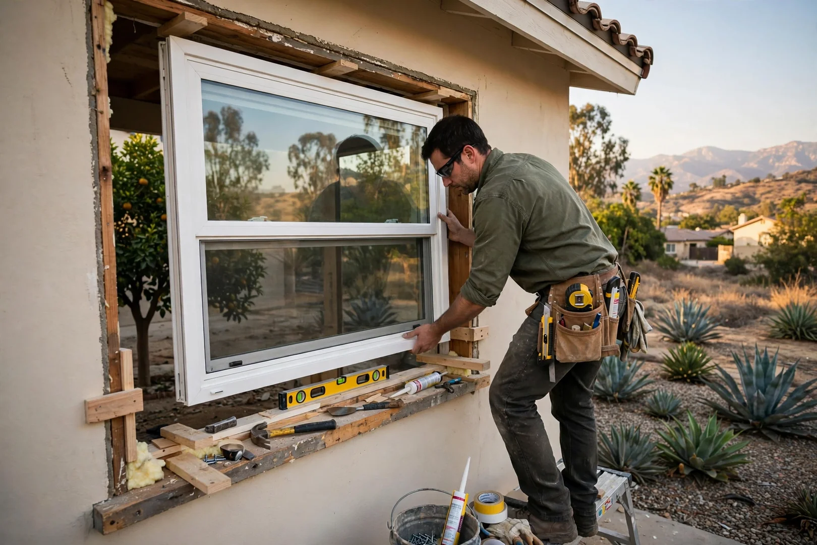 Installer setting a new dual pane double hung window into a prepared frame opening