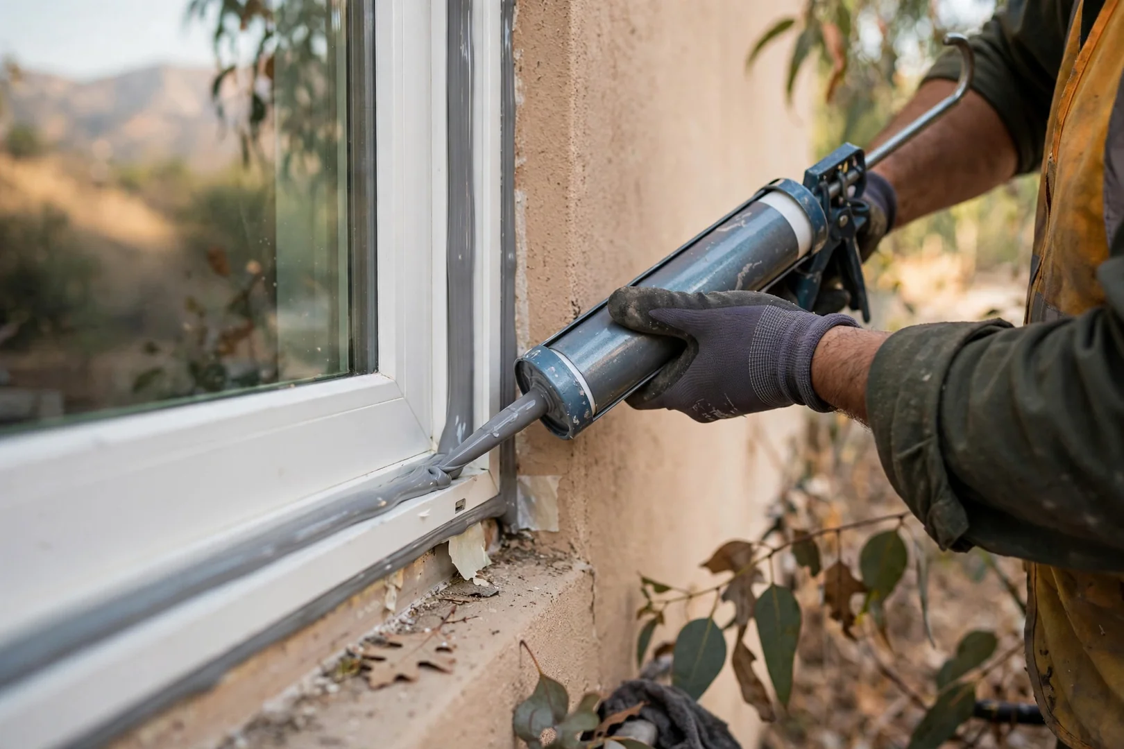 Close-up of fresh sealant bead along a newly fitted vinyl window frame exterior