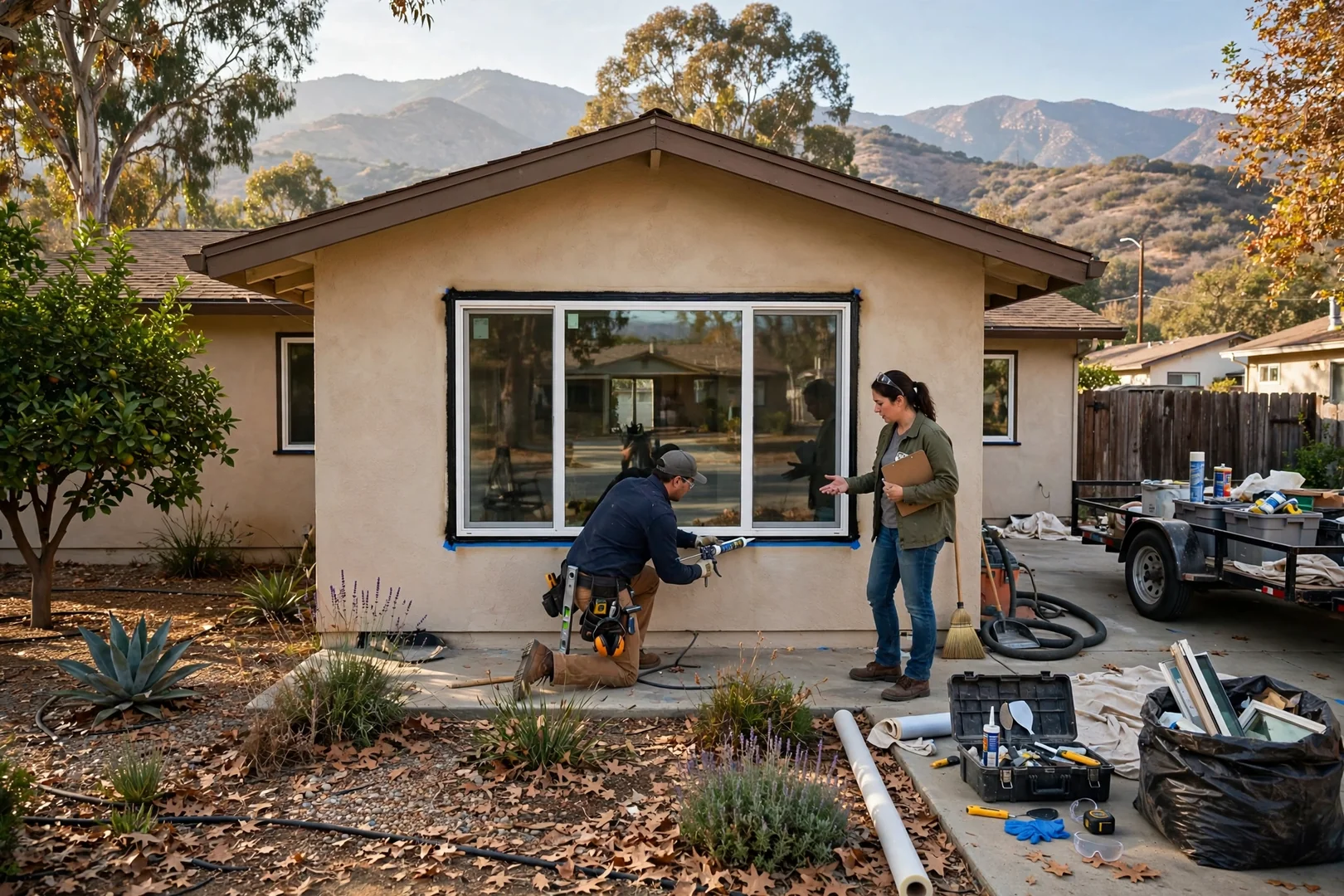 Wide view of an Arcadia ranch home with newly replaced front picture window