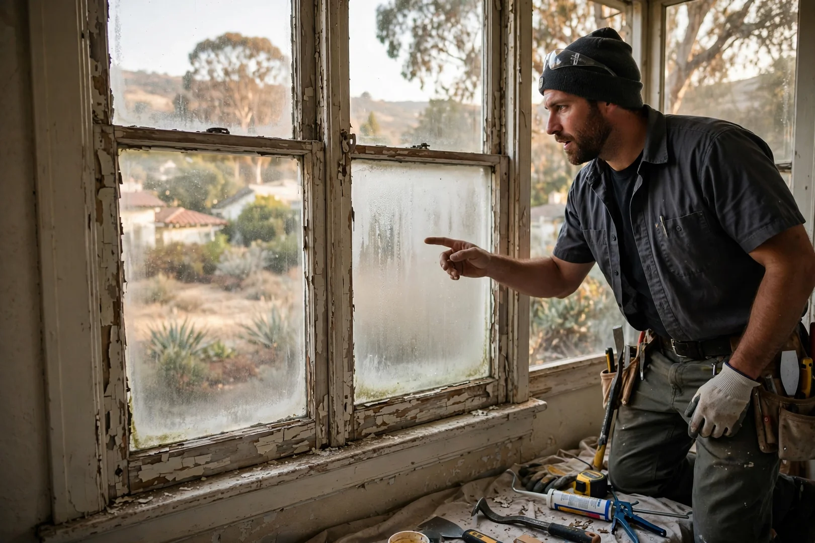 Old wood sash window with fogged glass and peeling paint before replacement work