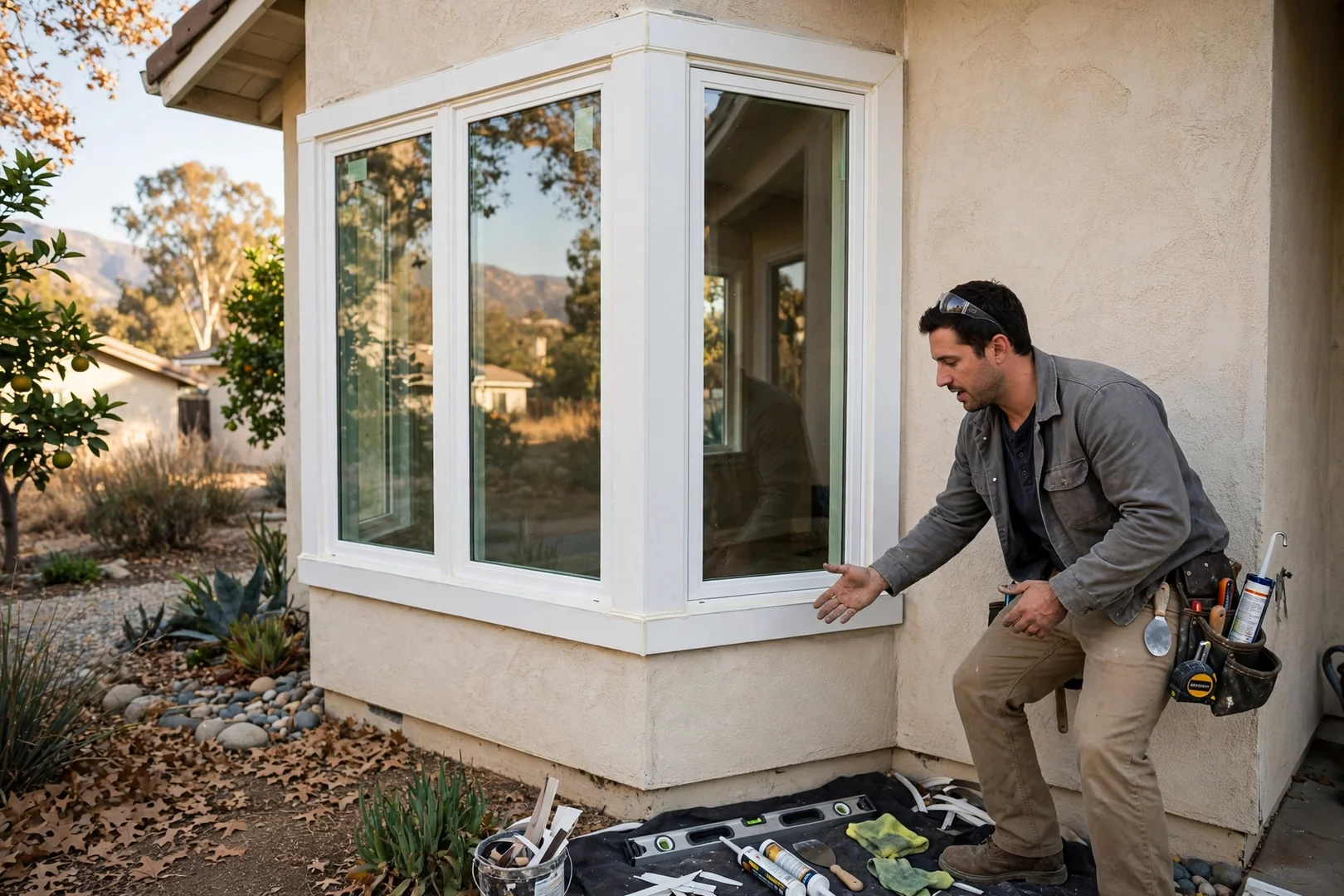 Finished bay window assembly with clean trim and clear glass on a stucco home