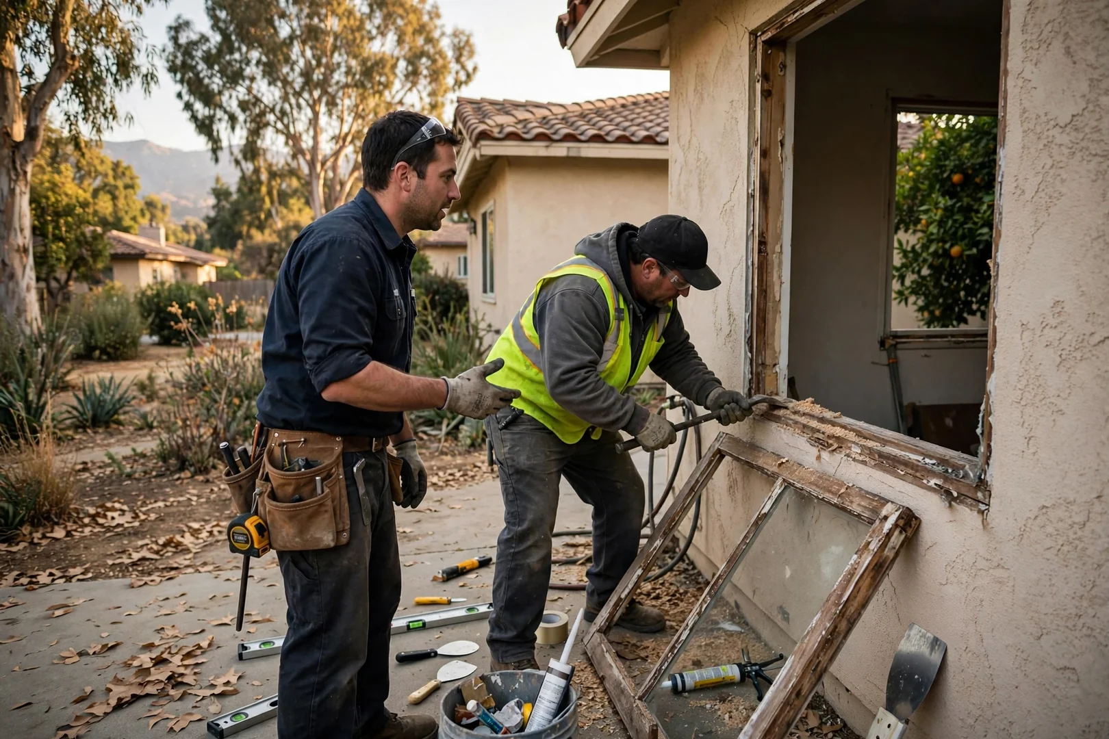 Window specialist measuring a living room window opening during a home visit