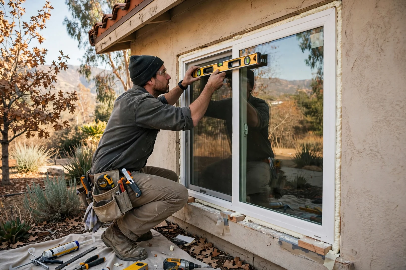Installer checking level on a new dual-pane window in an Arcadia home