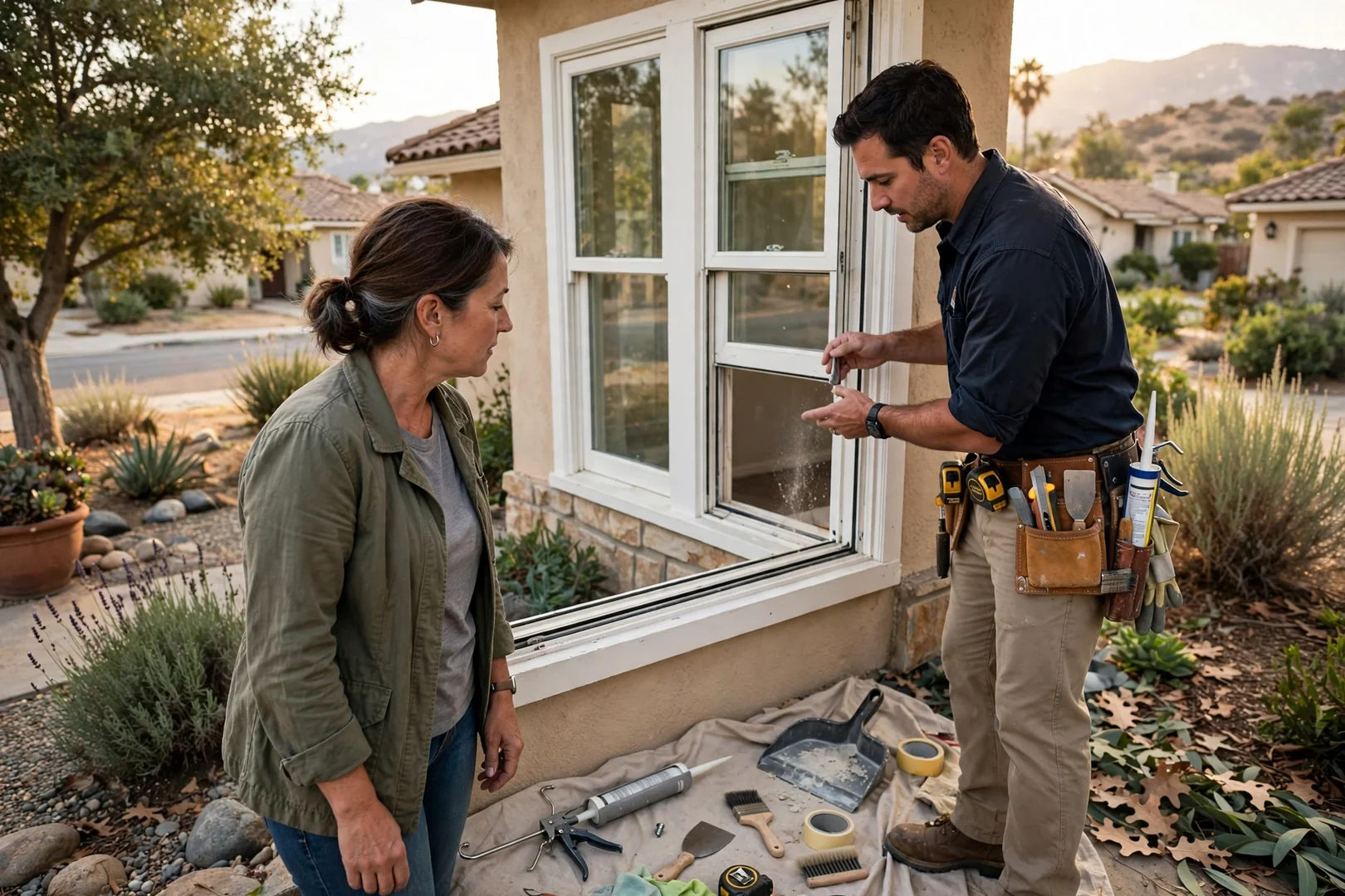 Homeowner and technician reviewing sash operation during a post-job walkthrough